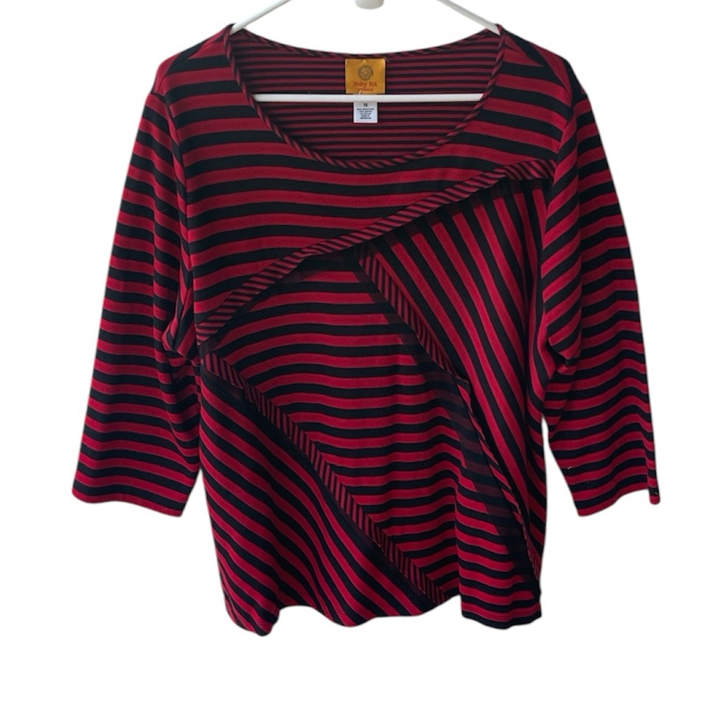 RUBY RD. WOMENS RED BLACK STRIPED 3/4 SLEEVE TOP SIZE 1X